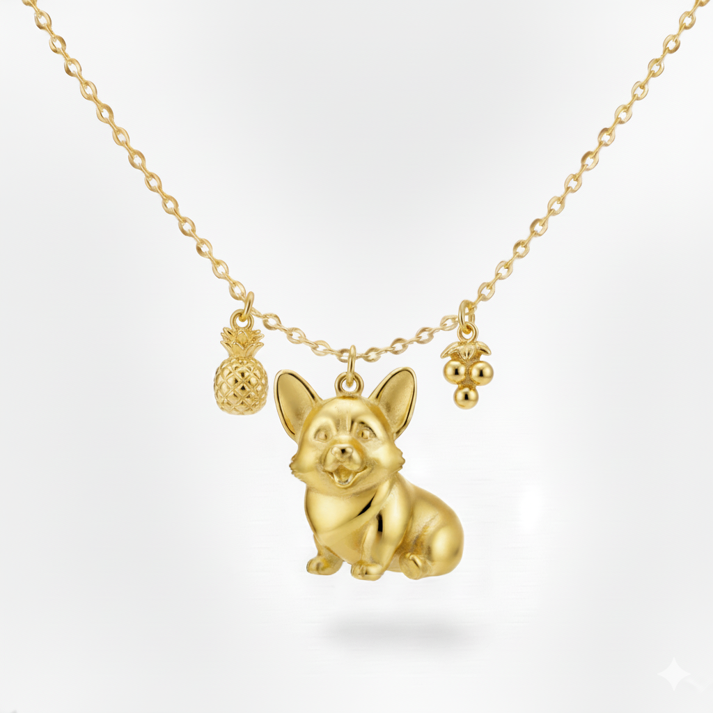 Lovely stainless steel women charm custom golden Corgi dog pendant necklace with pineapple and grape charms