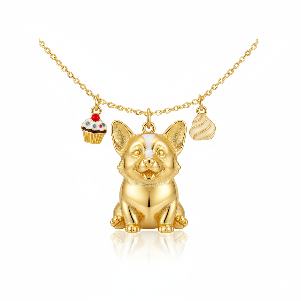 Lovely stainless steel women charm custom golden Corgi dog pendant necklace with cupcake and whipped cream charms