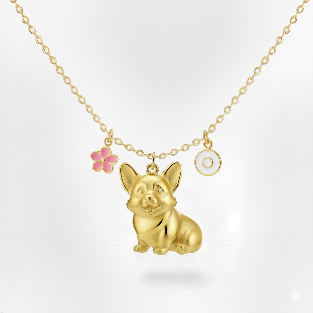 Lovely stainless steel women charm custom golden Corgi dog pendant necklace with pink flower and white circle charms