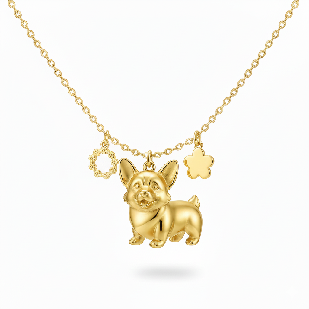 Lovely stainless steel women charm custom golden Corgi dog pendant necklace