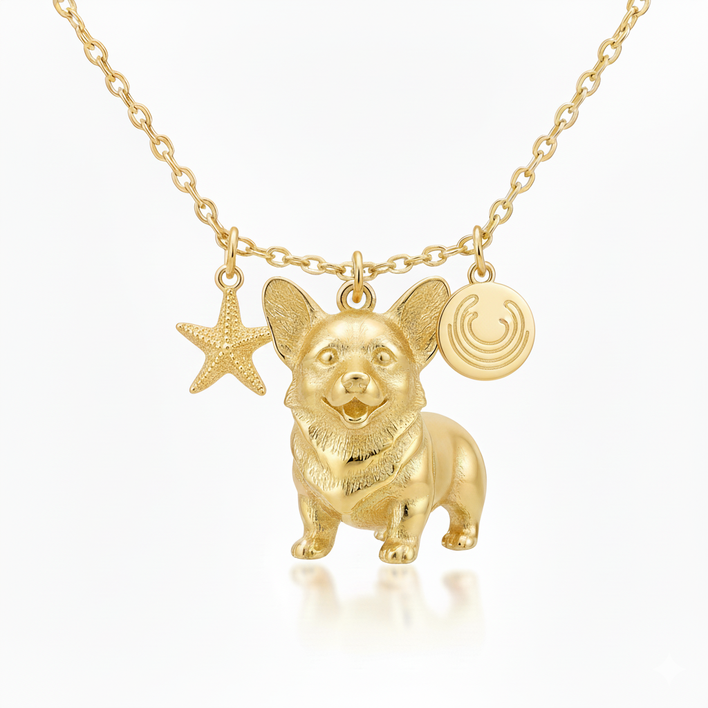 Golden stainless steel women’s charm necklace with 3D Corgi dog, starfish & circle pendant