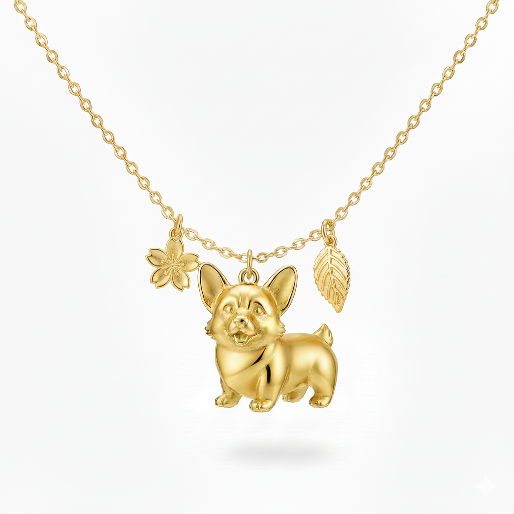 Golden stainless steel necklace with Corgi dog, cherry blossom & leaf charm for women