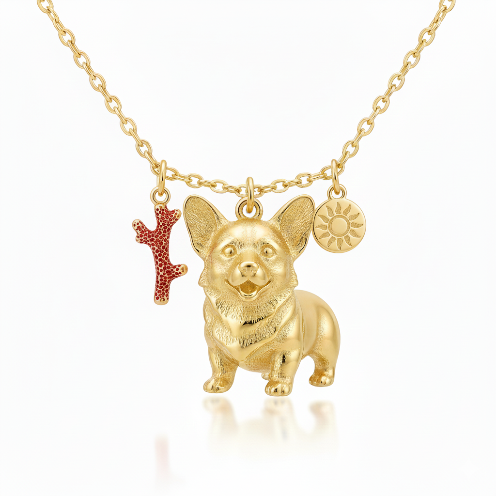 Corgi dog charm necklace with red coral & sun symbol pendant in golden stainless steel