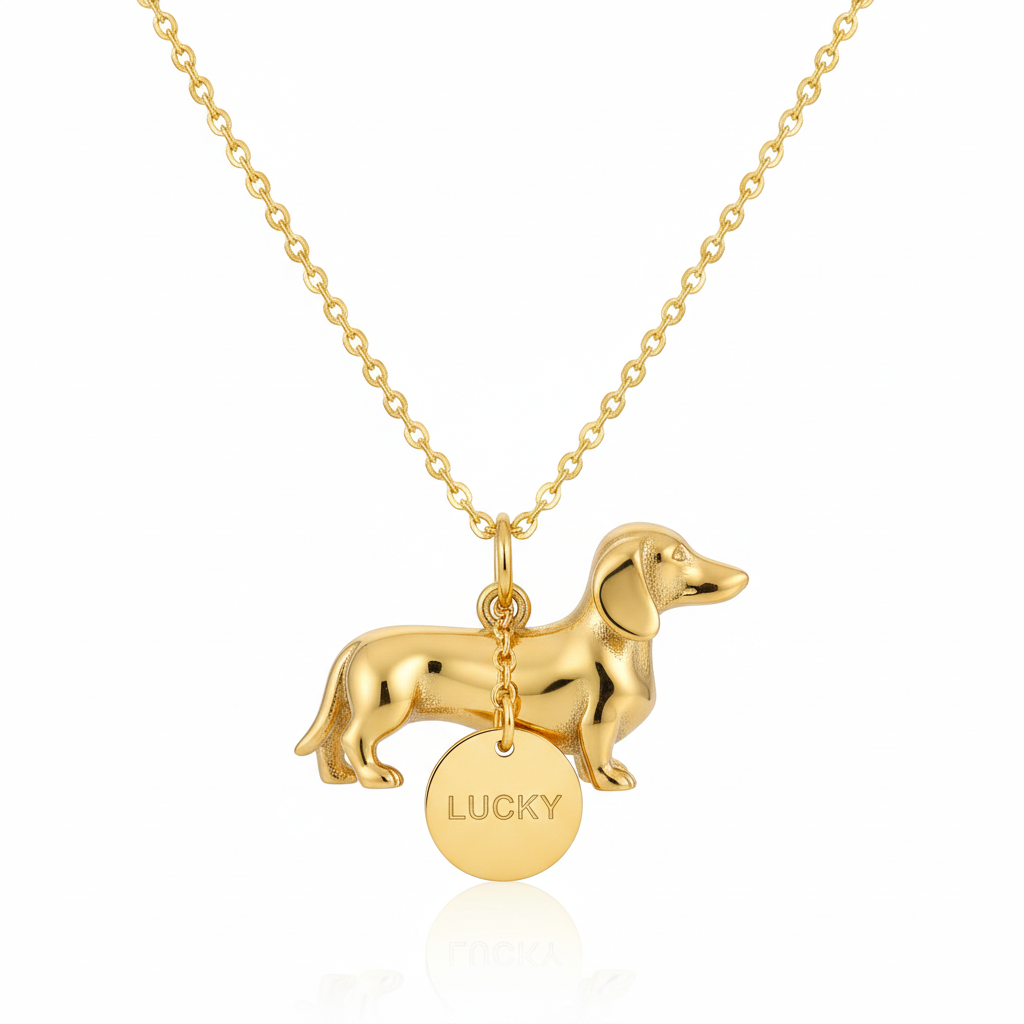 Dainty Stainless Steel Dachshund Dog Pendant Necklace - Personalized Pet Jewelry with “Lucky” Tag