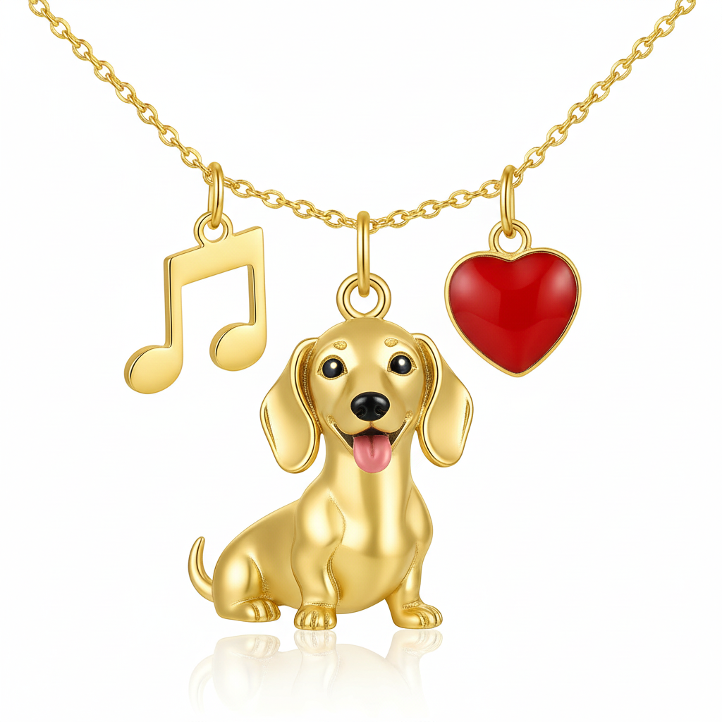 Dainty Stainless Steel Dachshund Dog Pendant Necklace with Heart & Music Note Charms – Personalized Pet Jewelry
