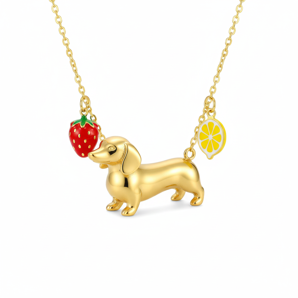 Dainty Stainless Steel Dachshund Dog Pendant Necklace with Strawberry & Lemon Charms – Personalized Pet Jewelry
