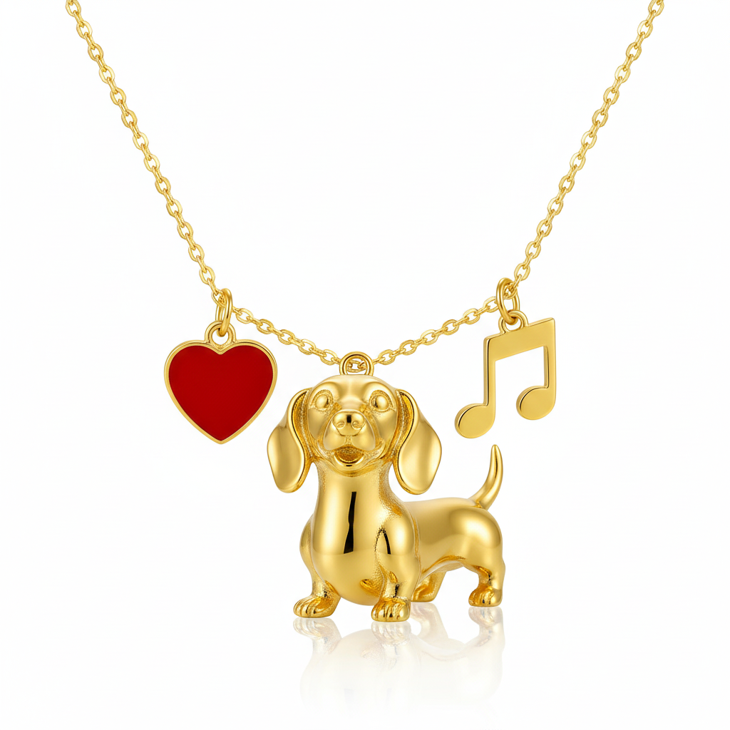 Dainty Stainless Steel Dachshund Dog Pendant Necklace with Red Heart & Music Note Charms – Personalized Pet Jewelry