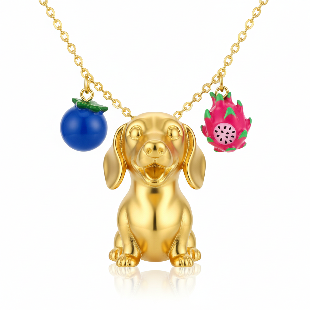 Dainty Stainless Steel Dachshund Dog Pendant Necklace with Blueberry & Dragon Fruit Charms – Personalized Pet Jewelry