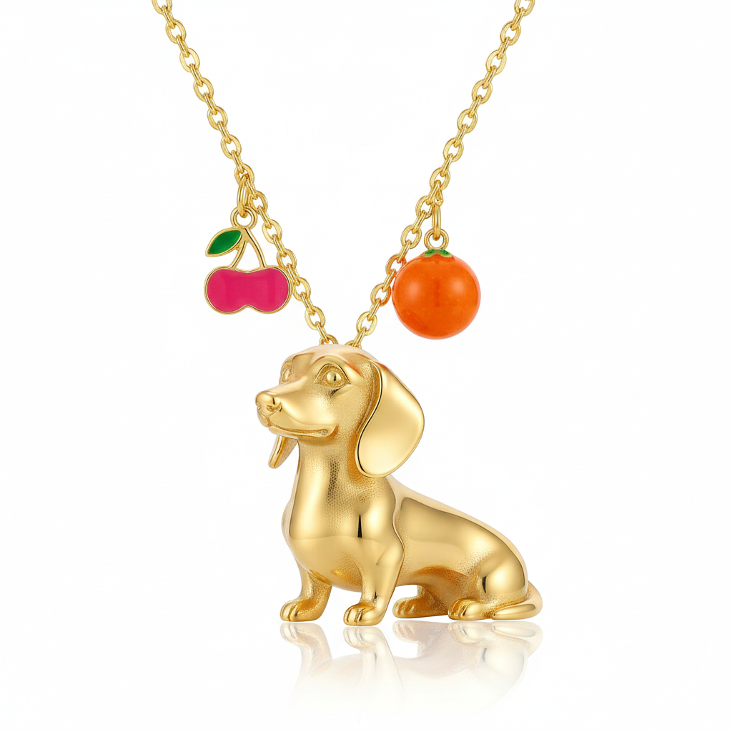 Dainty Stainless Steel Dachshund Dog Pendant Necklace with Cherry & Orange Charms – Personalized Pet Jewelry