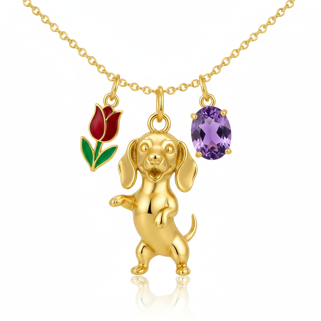 Dainty Stainless Steel Dachshund Dog Pendant Necklace with Tulip & Purple Gemstone Charms – Personalized Pet Jewelry
