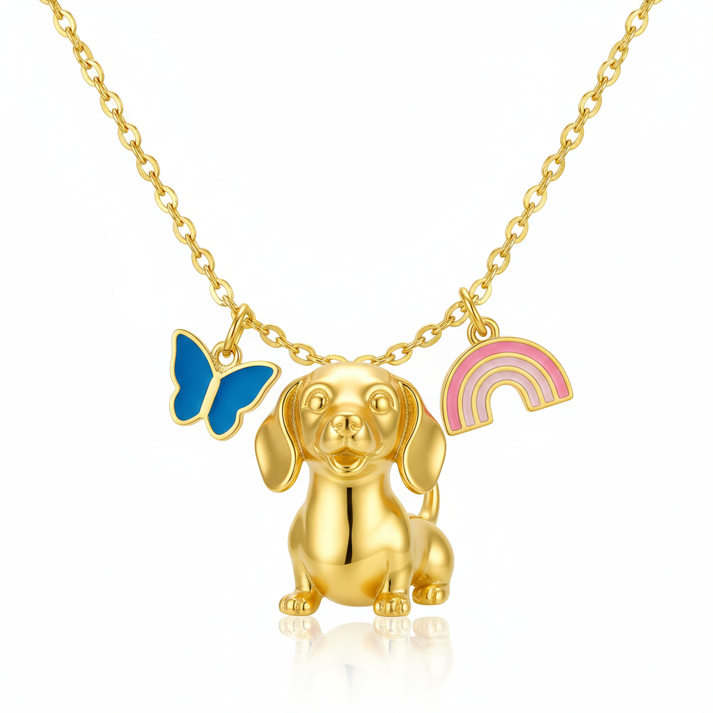 Dainty Stainless Steel Dachshund Dog Pendant Necklace with Butterfly & Rainbow Charms – Personalized Pet Jewelry