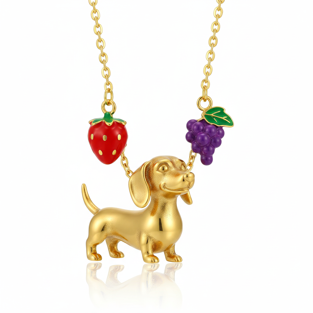 Dainty Stainless Steel Dachshund Dog Pendant Necklace with Strawberry & Grape Charms – Personalized Pet Jewelry