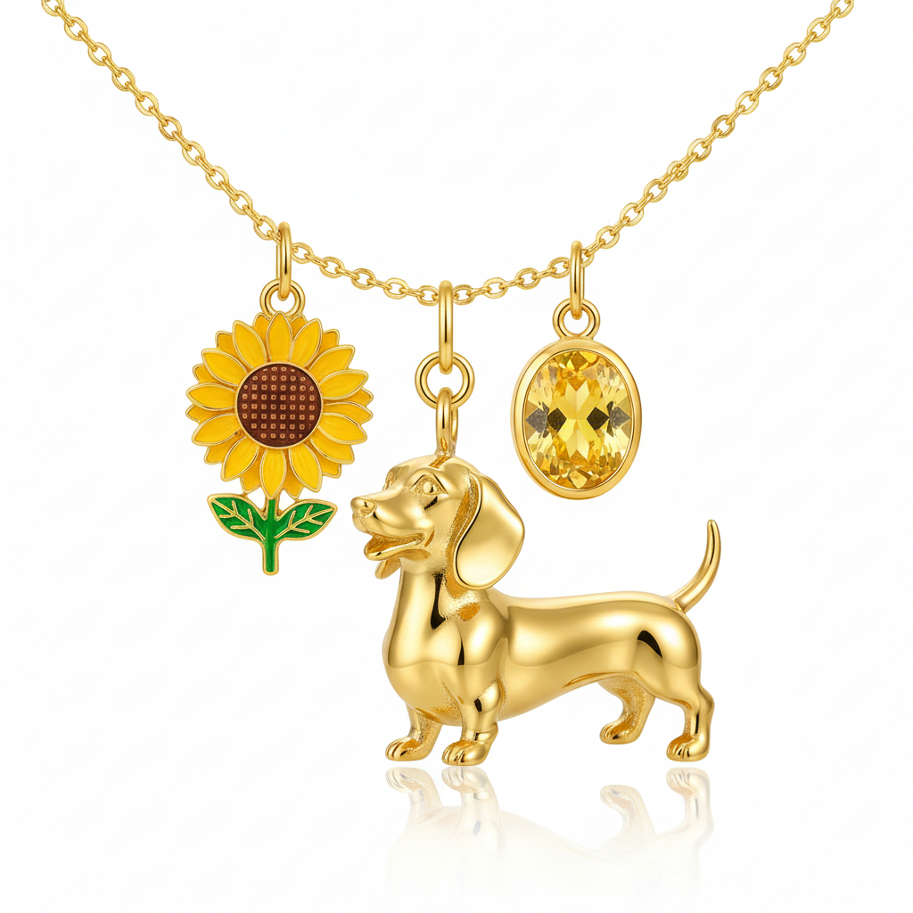 Dainty Stainless Steel Dachshund Dog Pendant Necklace with Sunflower & Yellow Gem – Personalized Pet Jewelry