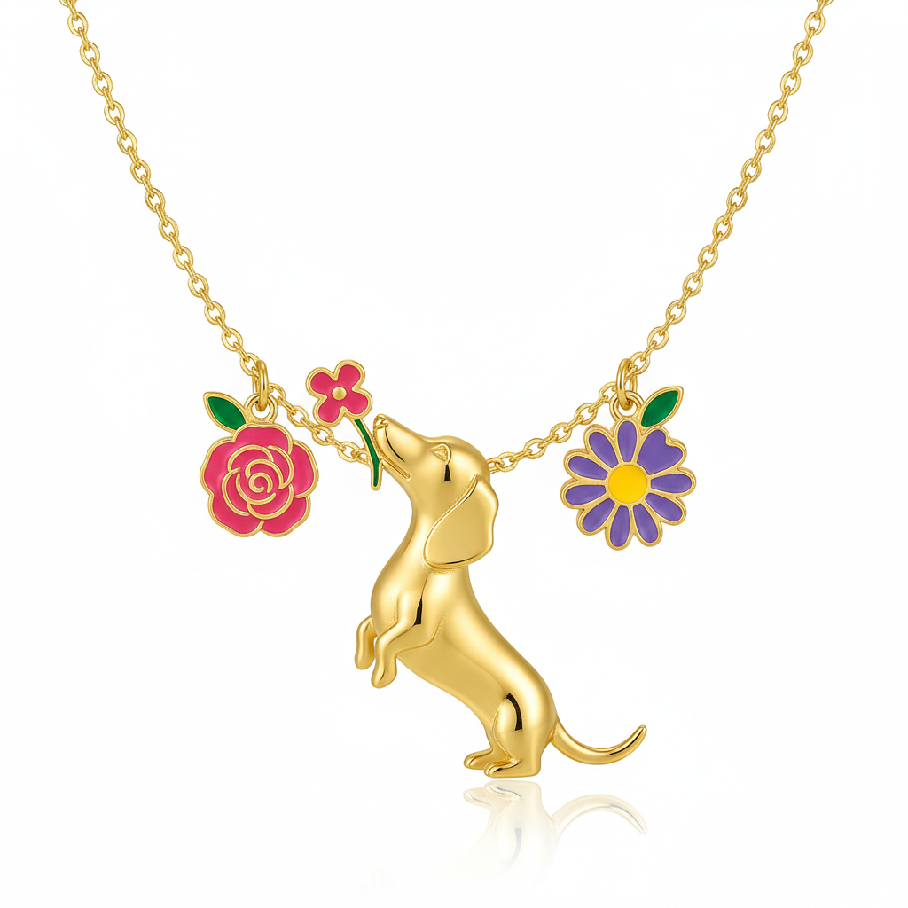 Dainty Stainless Steel Dachshund Dog Flower Pendant Necklace Personalized Pet Jewelry, Cute Gold Dog with Rose and Daisy Charms for Women