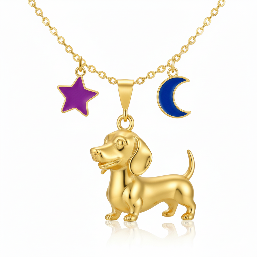 Dainty Stainless Steel Dachshund Dog Pendant Necklace Personalized Pet Jewelry, Gold Dog with Star and Moon Charms for Women
