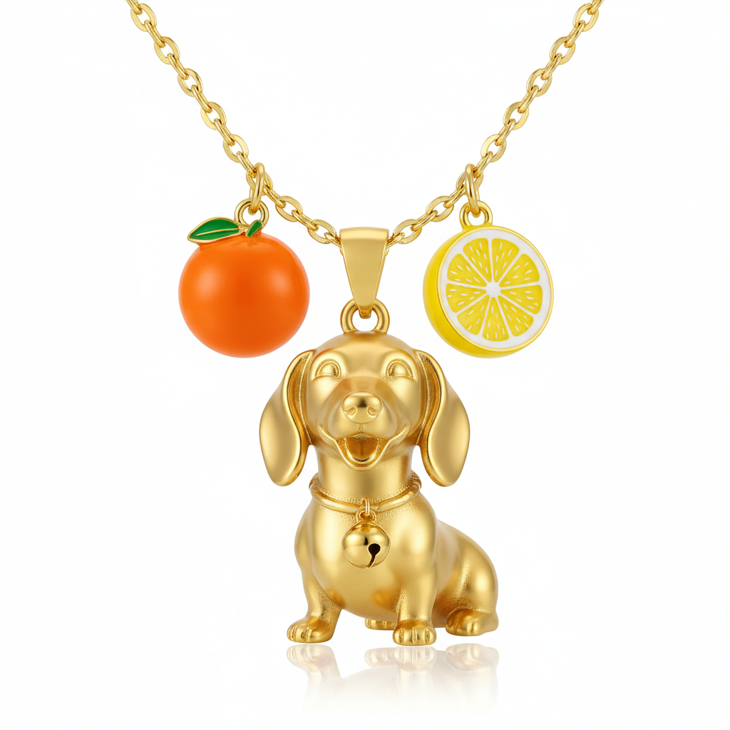 Dainty Stainless Steel Dachshund Dog Pendant Necklace Personalized Pet Jewelry, Gold Dog with Orange and Lemon Fruit Charms for Women