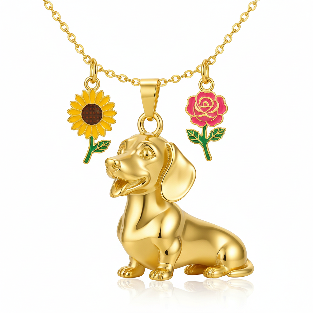 Dainty Stainless Steel Dachshund Dog Pendant Necklace Personalized Pet Jewelry, Gold Dog with Sunflower and Rose Charms for Women