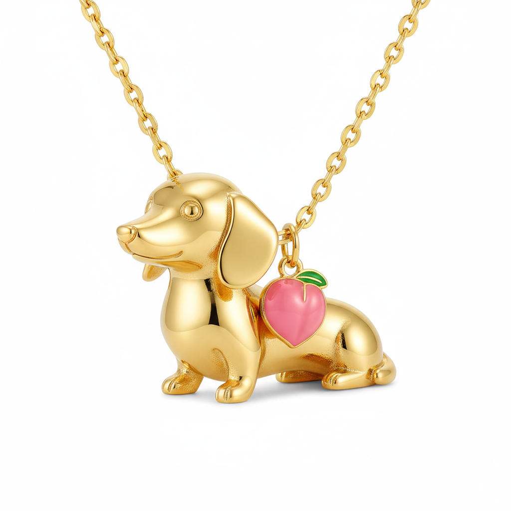 Dainty Stainless Steel Dachshund Dog Pendant Necklace Personalized Pet Jewelry, Cute Gold Dog with Pink Peach Charm for Women