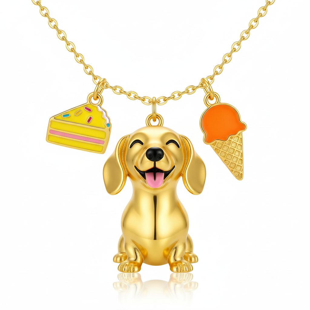 Dainty Stainless Steel Dachshund Dog Pendant Necklace Personalized Pet Jewelry, Cute Gold Dog with Cake and Ice Cream Charms for Women