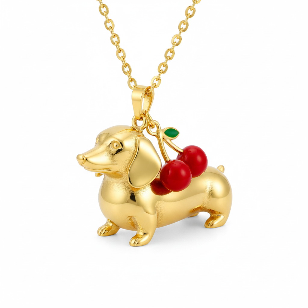 Dainty Stainless Steel Dachshund Dog Pendant Necklace Personalized Pet Jewelry, Gold Dog with Red Cherry Charm for Women