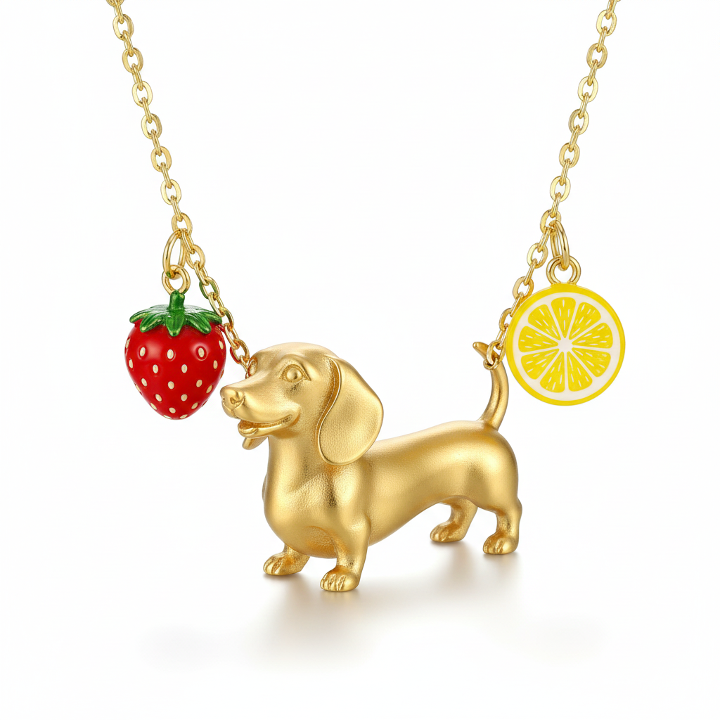 Dainty Stainless Steel Dachshund Dog Pendant Necklace Personalized Pet Jewelry, Gold Dog with Strawberry and Lemon Charms for Women
