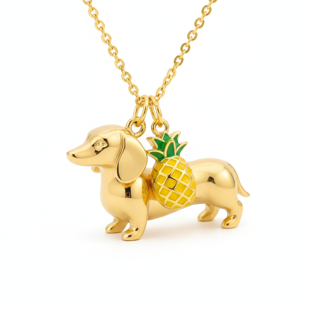 Dainty Stainless Steel Dachshund Dog Pendant Necklace Personalized Pet Jewelry, Gold Dog with Pineapple Charm for Women