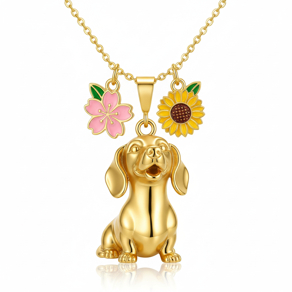 Dainty Stainless Steel Dachshund Dog Pendant Necklace Personalized Pet Jewelry, Gold Dog with Sakura and Sunflower Charms for Women