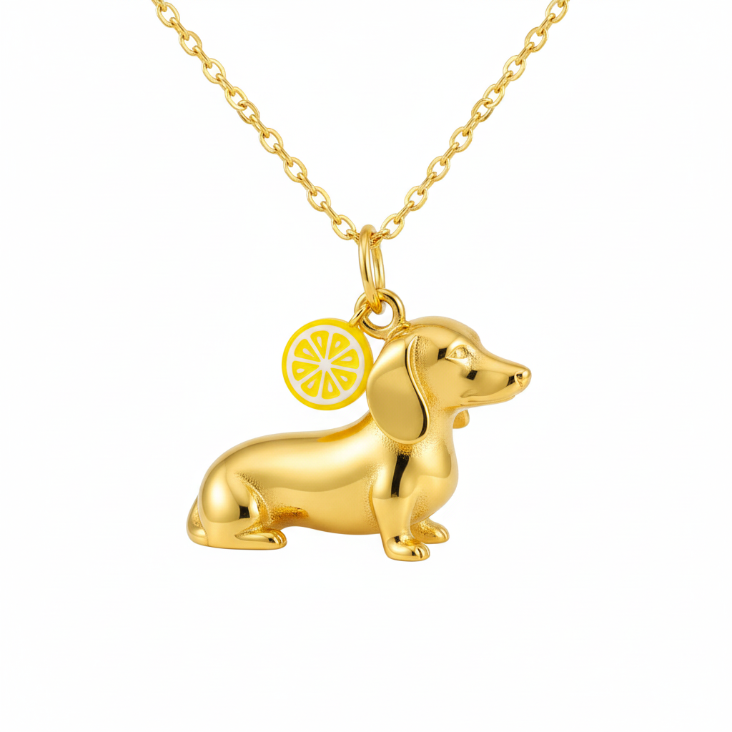 Dainty Stainless Steel Dachshund Dog Pendant Necklace Personalized Pet Jewelry, Gold Dog with Lemon Slice Charm for Women