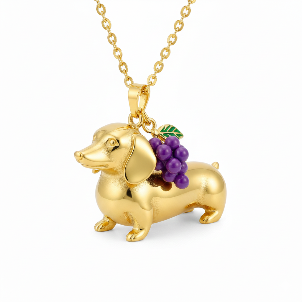 Dainty Stainless Steel Dachshund Dog Pendant Necklace Personalized Pet Jewelry, Gold Dog with Grape Cluster Charm for Women