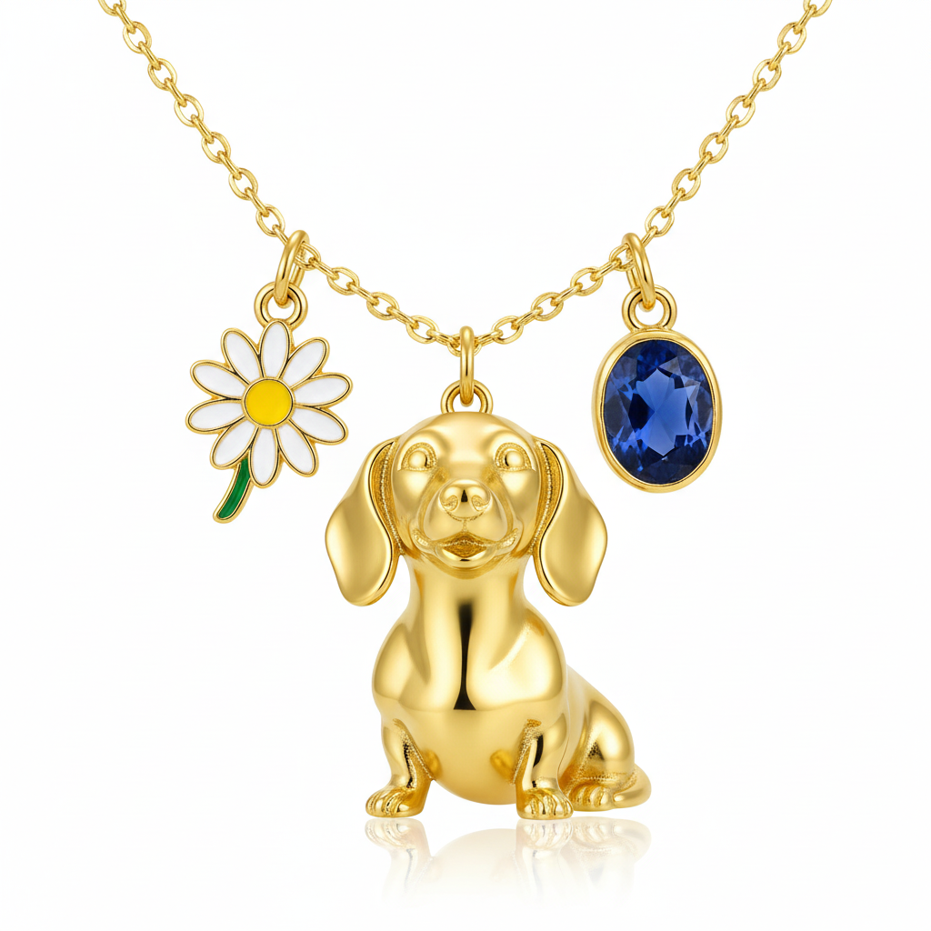 Dainty Stainless Steel Dachshund Dog Pendant Necklace Personalized Pet Jewelry, Gold Dog with Daisy Flower and Blue Gemstone Charms