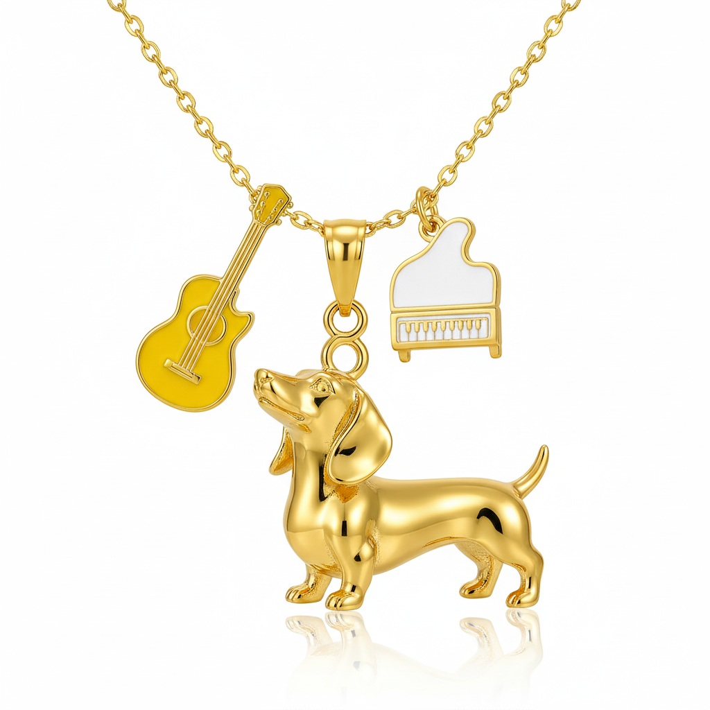 Dainty Stainless Steel Dachshund Dog Pendant Necklace Personalized Pet Jewelry, Gold Dog with Guitar and Piano Charms
