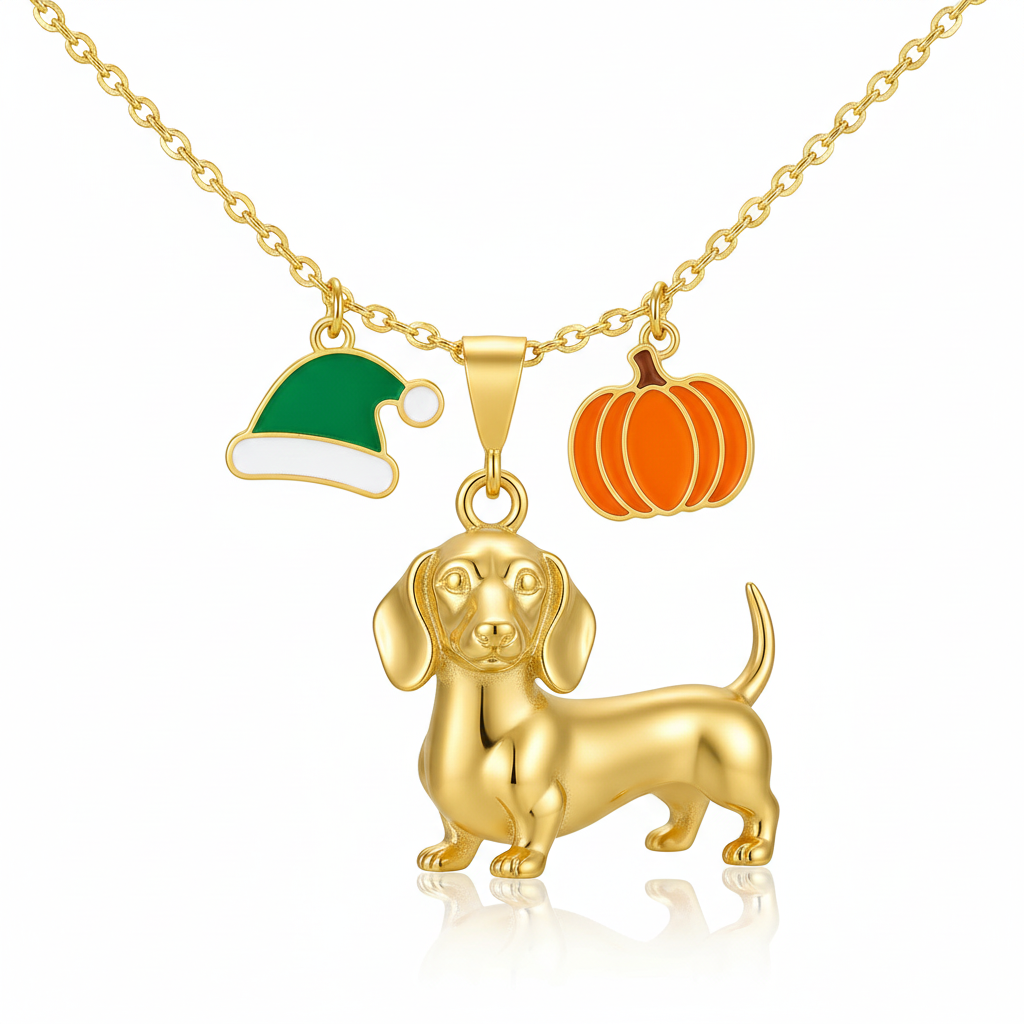Dainty Stainless Steel Dachshund Dog Pendant Necklace Personalized Pet Jewelry, Holiday Theme with Pumpkin and Christmas Hat Charms