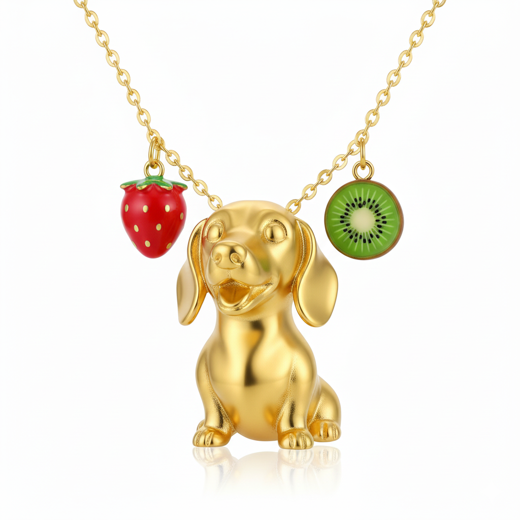 Dainty Stainless Steel Dachshund Dog Pendant Necklace with Strawberry & Kiwi Charms - Personalized Pet Jewelry