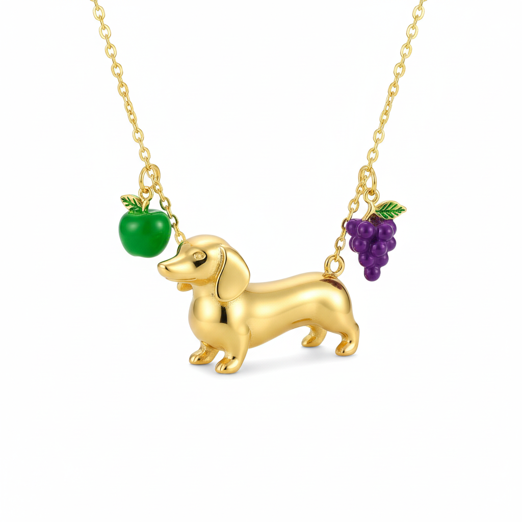 Dainty Stainless Steel Dachshund Dog Pendant Necklace with Green Apple & Grape Charms – Personalized Pet Jewelry