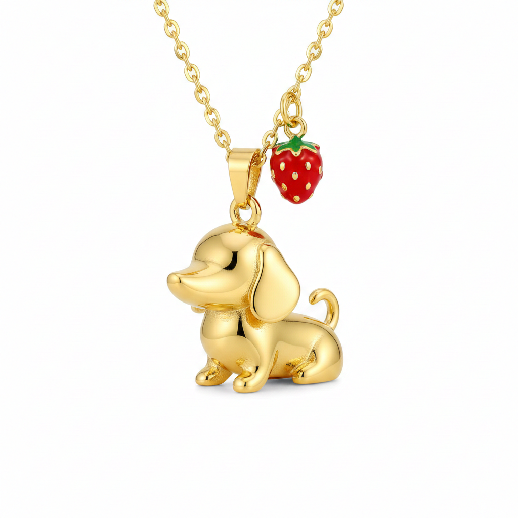 Dainty Stainless Steel Dachshund Dog Pendant Necklace with Strawberry Charm – Personalized Pet Jewelry