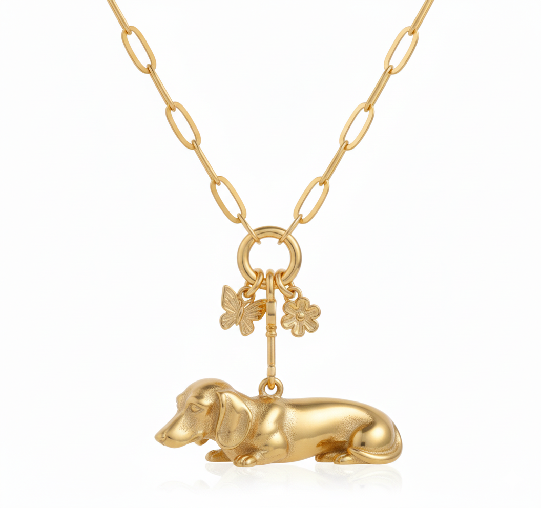 Dainty Stainless Steel Dachshund Dog Pendant Necklace with Butterfly & Flower Charms - Personalized Pet Jewelry