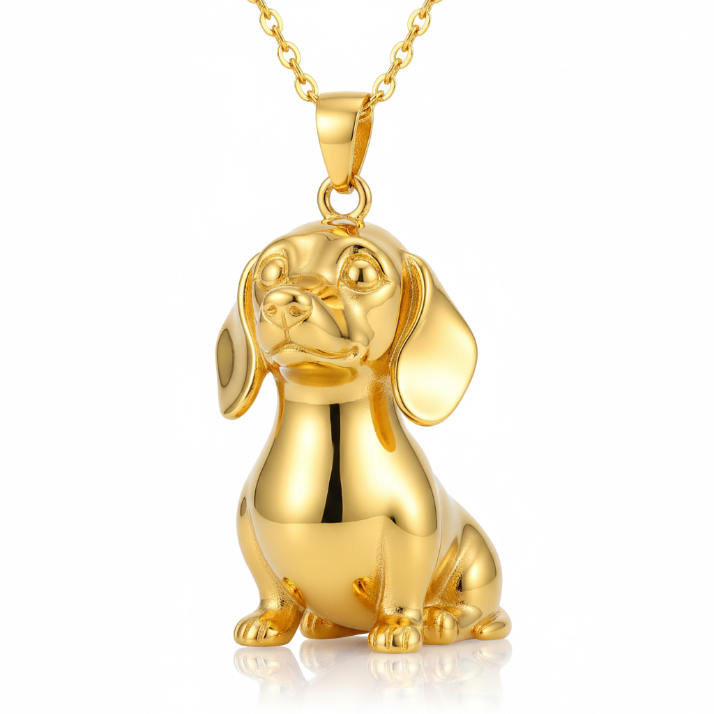 Dainty Stainless Steel Dachshund Dog Pendant Necklace in Shiny Gold Finish - Personalized Pet Jewelry
