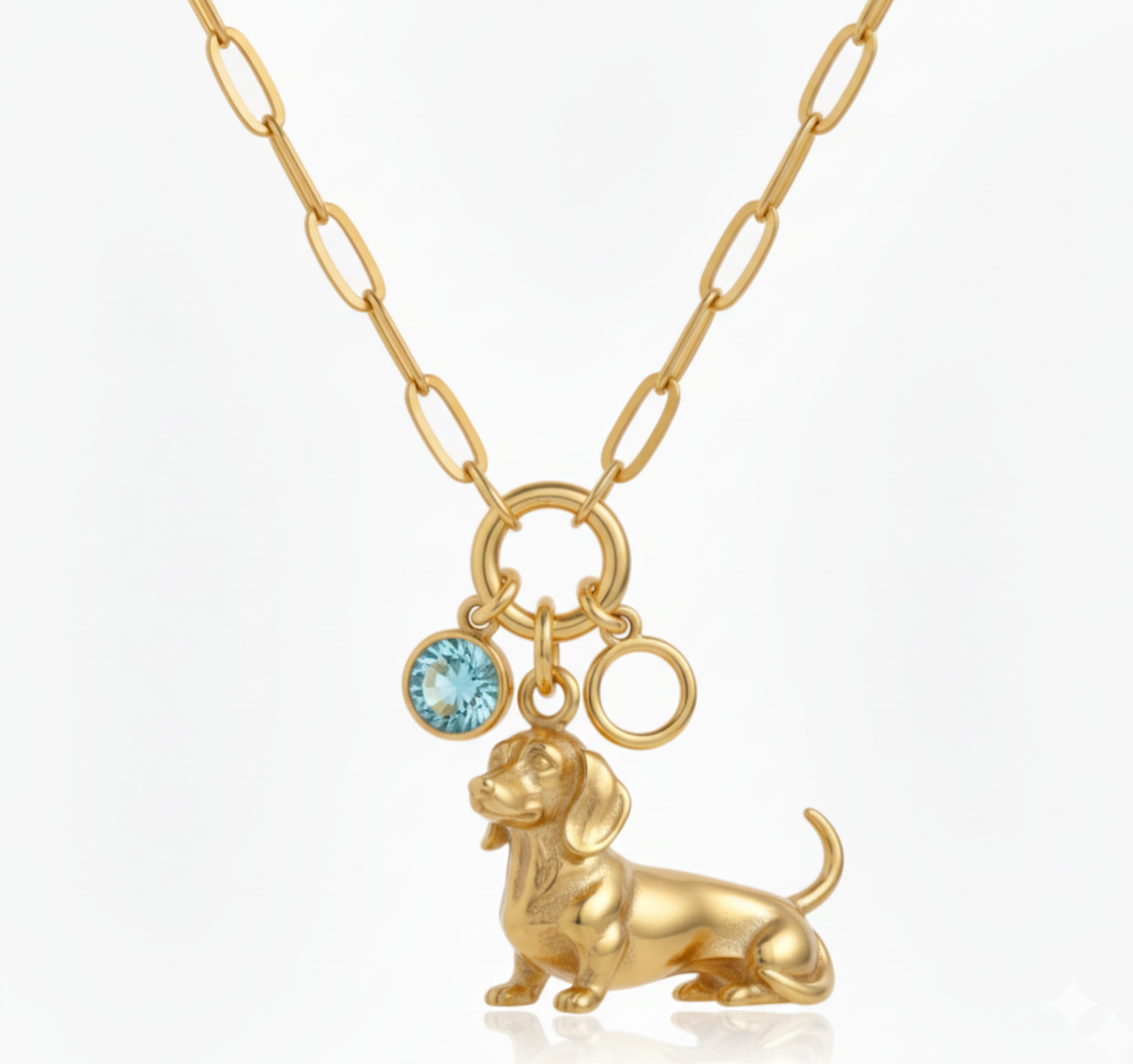 Dainty Stainless Steel Dachshund Dog Pendant Necklace with Blue Gem Charm - Personalized Pet Jewelry