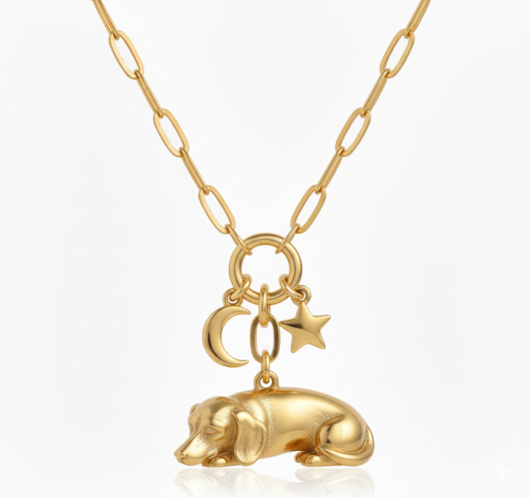 Dainty Stainless Steel Dachshund Dog Pendant Necklace with Moon and Star Charms – Dreamy Sleeping Pet Jewelry