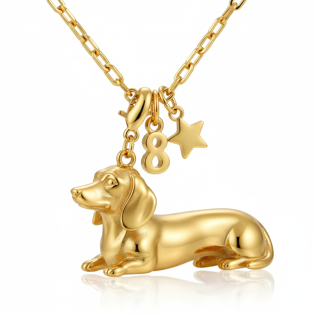 Dainty Stainless Steel Dachshund Dog Pendant Necklace with Star and Number 8 Charms – Lucky Pet Jewelry