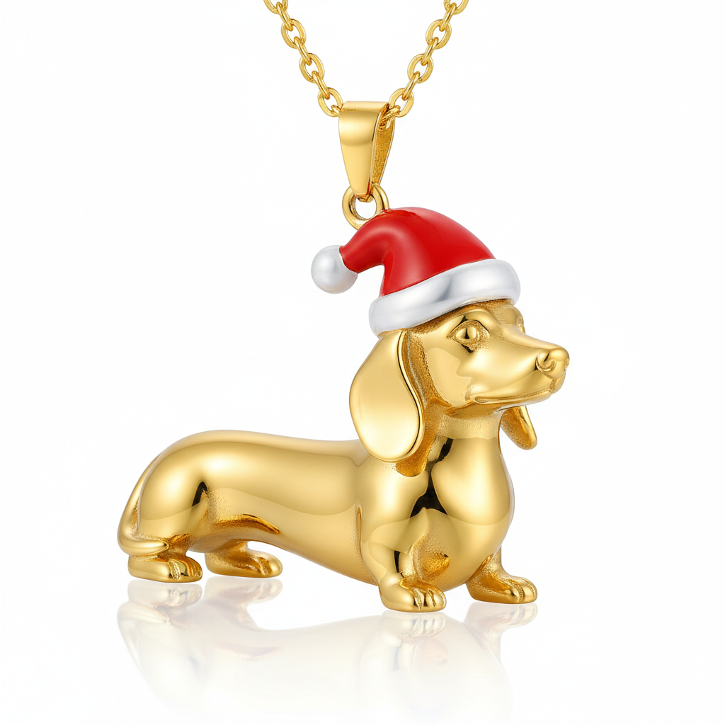 Dainty Stainless Steel Dachshund Dog Pendant Necklace with Santa Hat – Holiday Themed Personalized Pet Jewelry