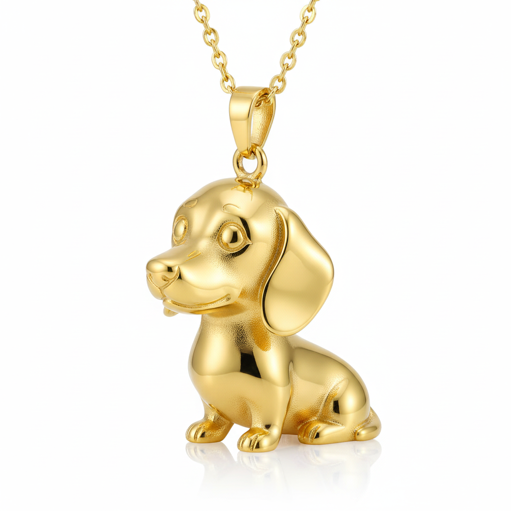 Cute Dachshund Dog Pendant Necklace - Shiny Gold Finish