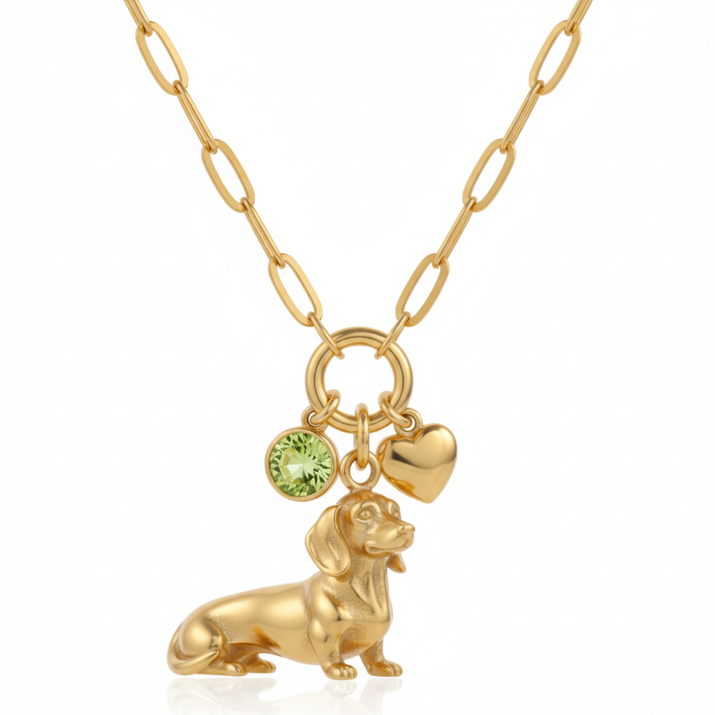 Dainty Stainless Steel Dachshund Dog Pendant Necklace with Green Gem & Heart Charms – Personalized Pet Jewelry