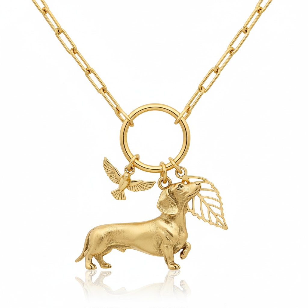 Dainty Gold Stainless Steel Dachshund Dog Pendant Necklace with Bird & Leaf Charms – Personalized Pet Jewelry
