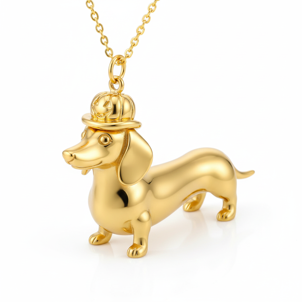 Dainty Stainless Steel Dachshund Dog Pendant Necklace with Halloween Pumpkin Hat - Personalized Pet Jewelry