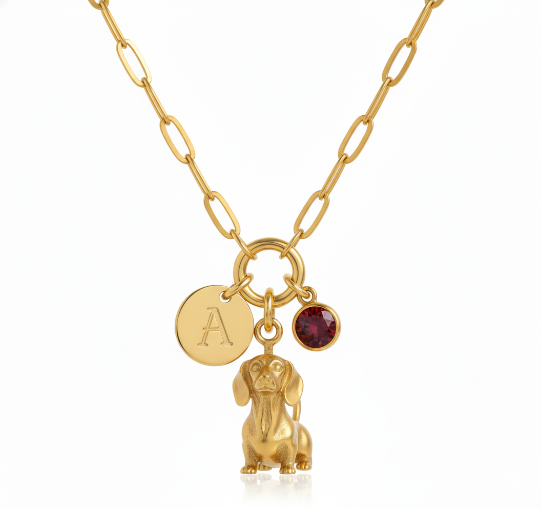 Dainty Stainless Steel Dachshund Dog Pendant Necklace with Red Gem & Personalized Initial - Pet Jewelry Gift
