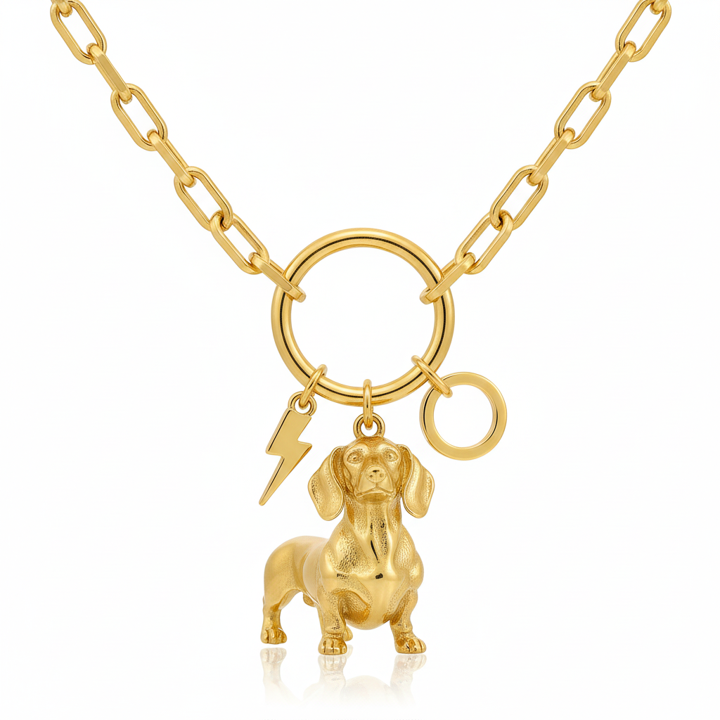 Dainty Stainless Steel Dachshund Dog Pendant Necklace with Lightning Bolt Charm - Personalized Pet Jewelry