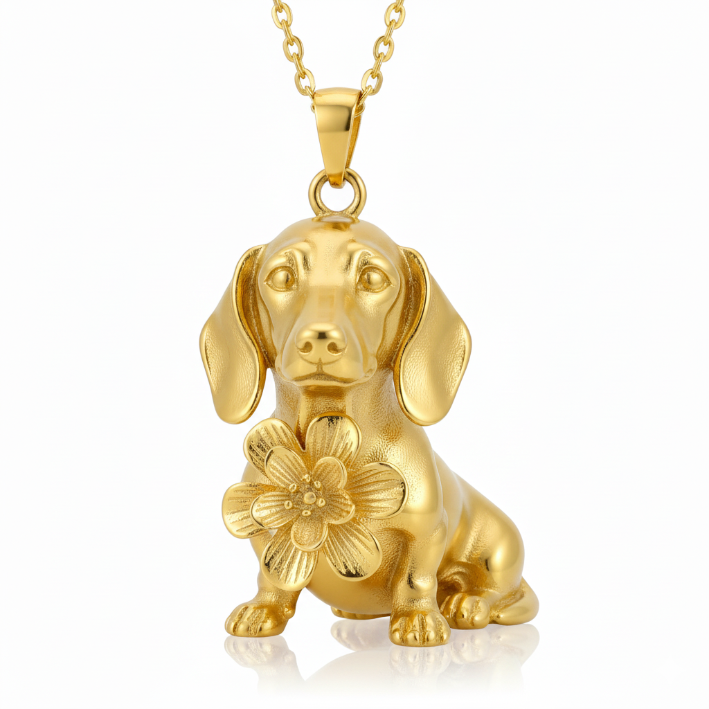 Dainty Stainless Steel Dachshund Dog Pendant Necklace with Flower – Personalized Pet Jewelry