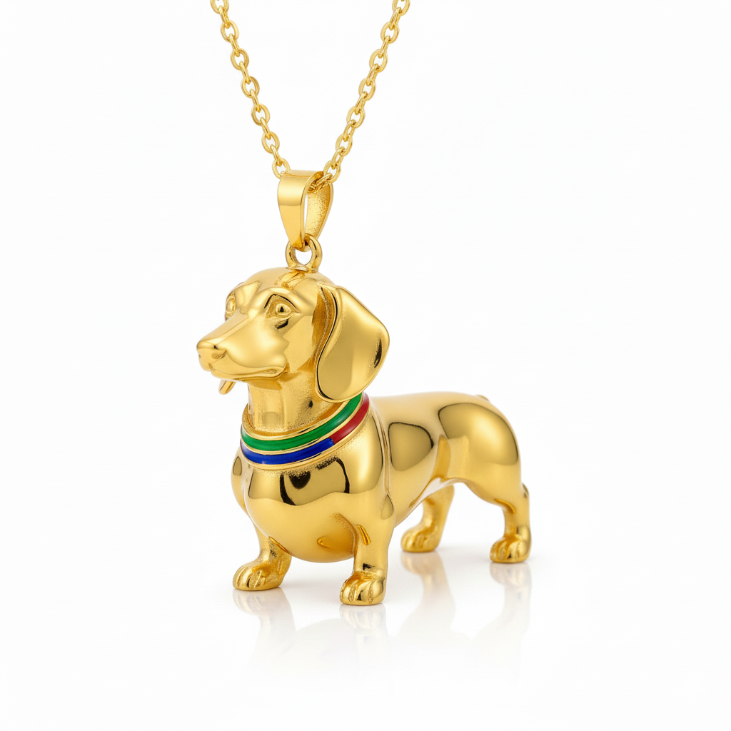 Dainty Stainless Steel Dachshund Dog Pendant Necklace with Rainbow Collar – Personalized Pet Jewelry