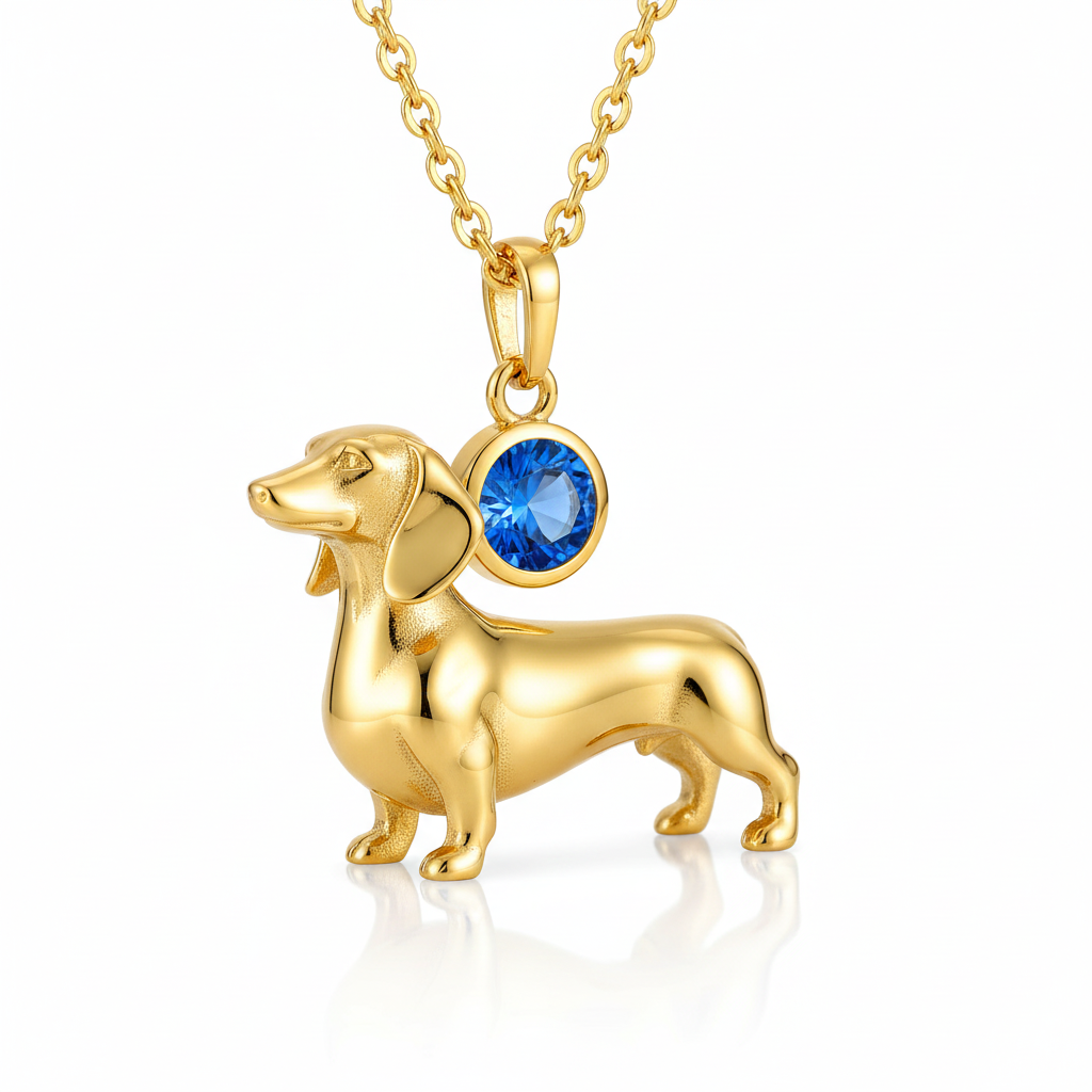 Dainty Stainless Steel Dachshund Dog Pendant Necklace with Blue Birthstone – Personalized Pet Jewelry